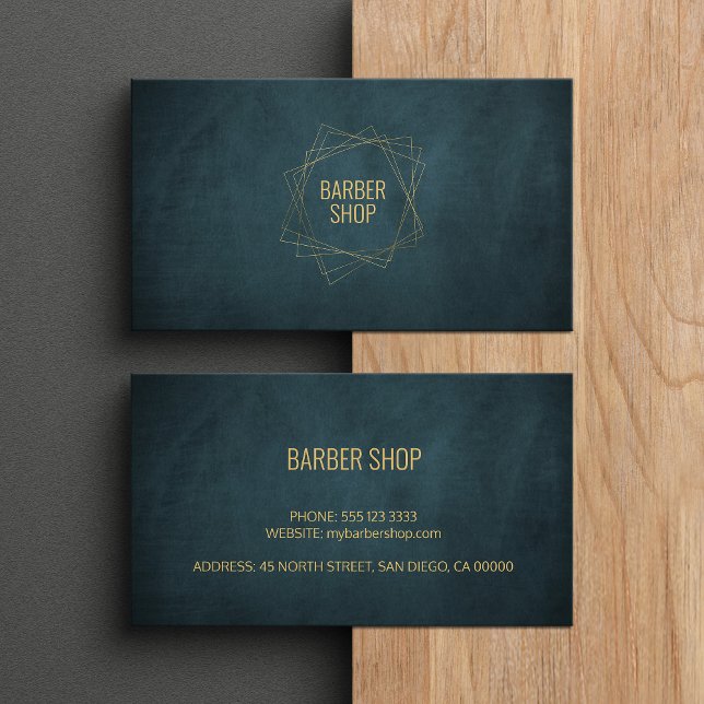Barber shop elegant navy gold typography geometric business card (Creator Uploaded)