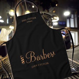 Barber shop employee personalized black and gold apron