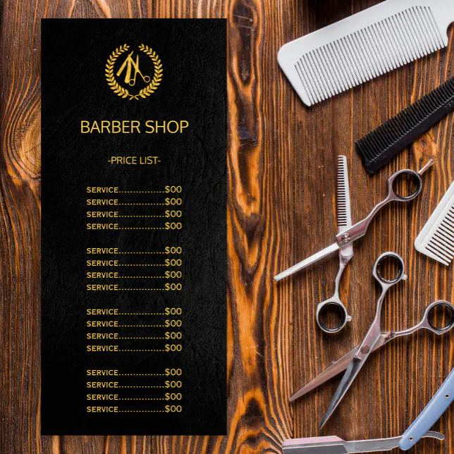 Barber shop gold black leather look price list rack card Zazzle