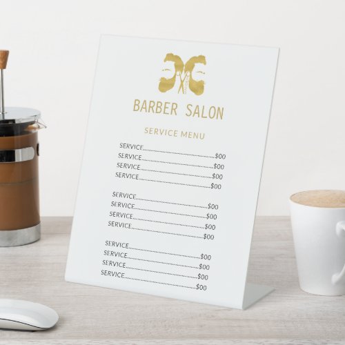 Barber shop gold white elegant price list service pedestal sign