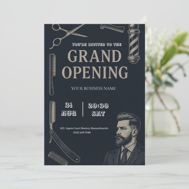 Barber Shop Grand Opening Invitation (Standing Front)