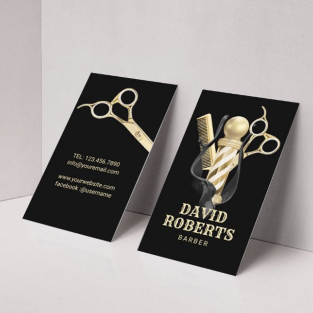 Barber Shop Hair Stylist Black & Gold Barbershop Business Card (Creator Uploaded)