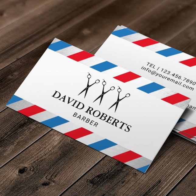 Barber Shop Hair Stylist Blue & Red Stripes Business Card (Creator Uploaded)