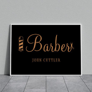 Barber shop hairstylist name gold black logo poster
