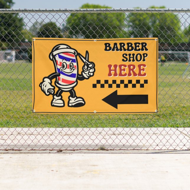 Barber Shop Here Arrow Turn Left Fence Advert Banner (Insitu)