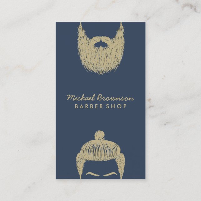 Barber Shop hipster beard mustache navy gold Business Card (Front)