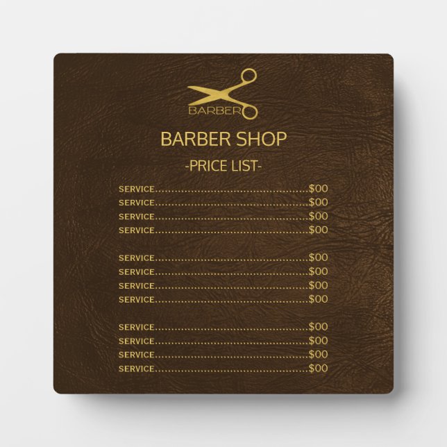 Barber shop logo brown leather service menu plaque (Front)