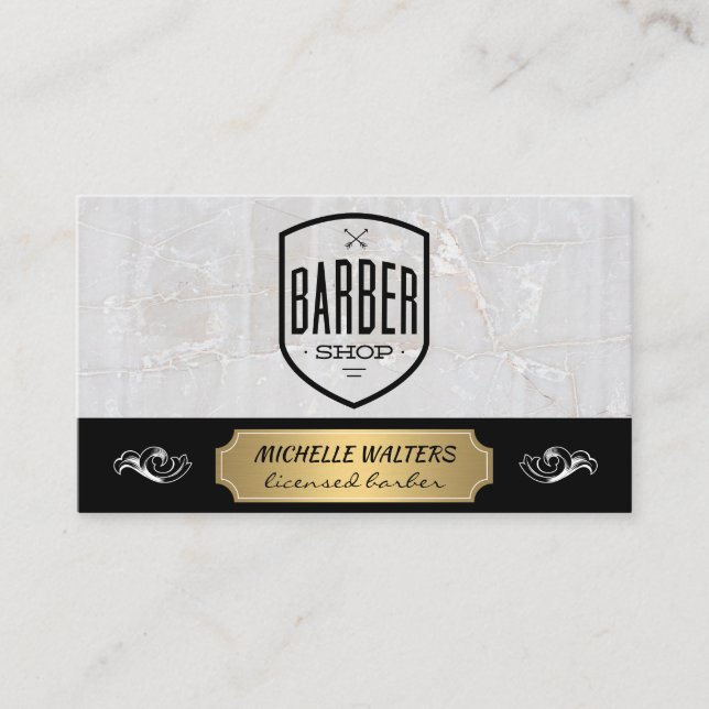 Barber Shop | Marble and Gold Plated Business Card (Front)