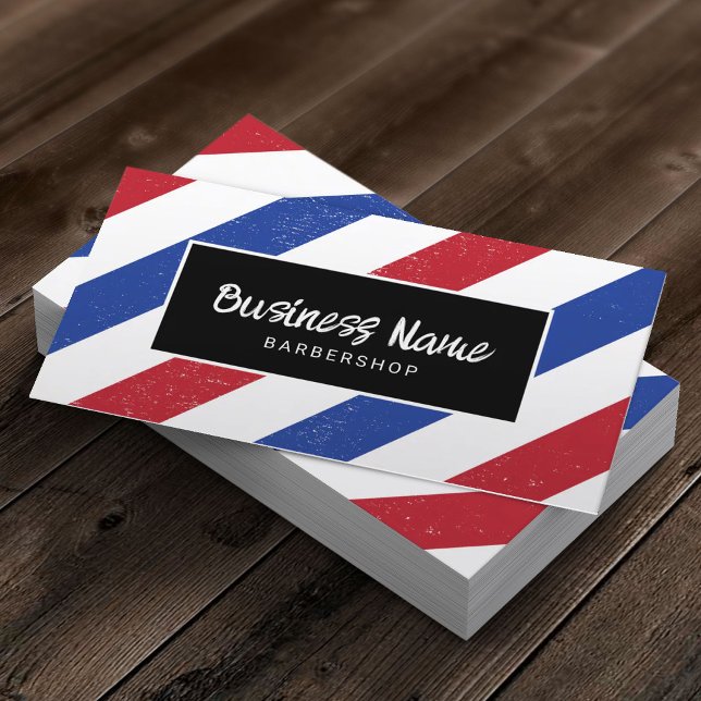 Barber Shop Minimalist Blue & Red Stripes Hair Business Card (Creator Uploaded)