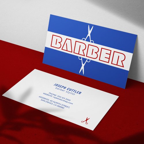 Barber shop modern red blue white Business Card