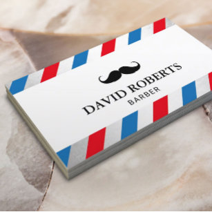 Barber Shop Mustache Hair Stylist Blue Red Stripes Business Card