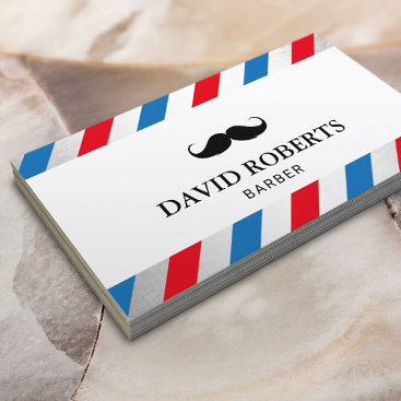 Barber Shop Mustache Hair Stylist Blue Red Stripes Business Card