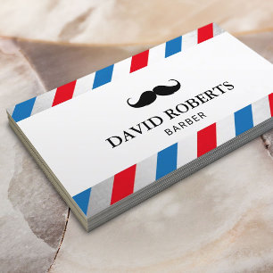 Barber Shop Mustache Hair Stylist Blue Red Stripes Business Card