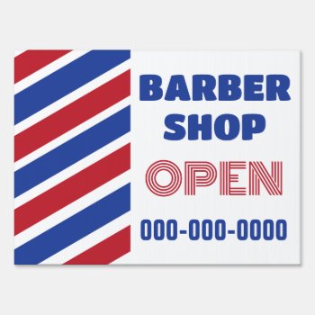 Barber Shop Open With Stripes Design Sign by Sideview at Zazzle