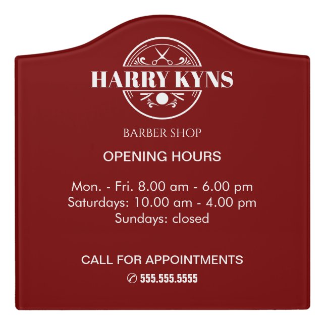 Barber shop opening hours custom door sign (Large Crest Front)