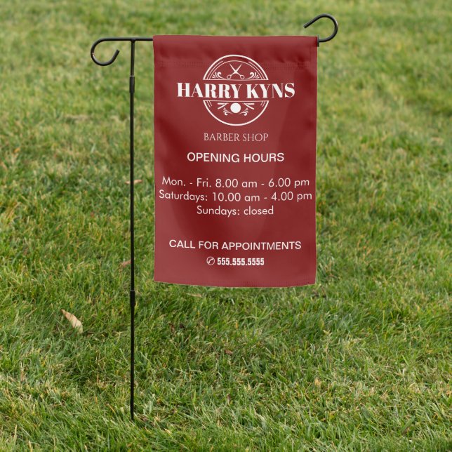 Barber shop opening hours custom garden flag (In SItu)