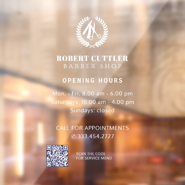 Barber shop opening hours custom logo QR CODE Window Cling (Sheet 2)
