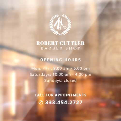 Barber shop opening hours custom logo window cling