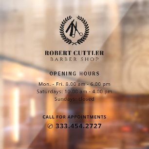 Barber shop opening hours custom logo window cling