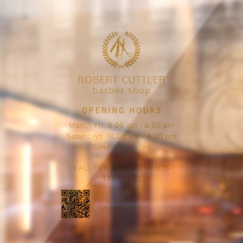 Barber shop opening hours gold logo QR CODE Window Cling