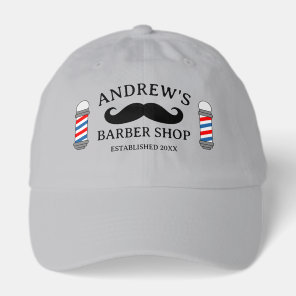 Barber shop pole cap and black mustache logo