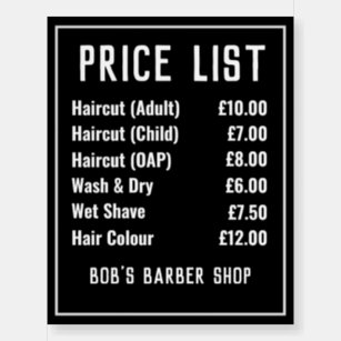 Barber Shop Price List Foam Board
