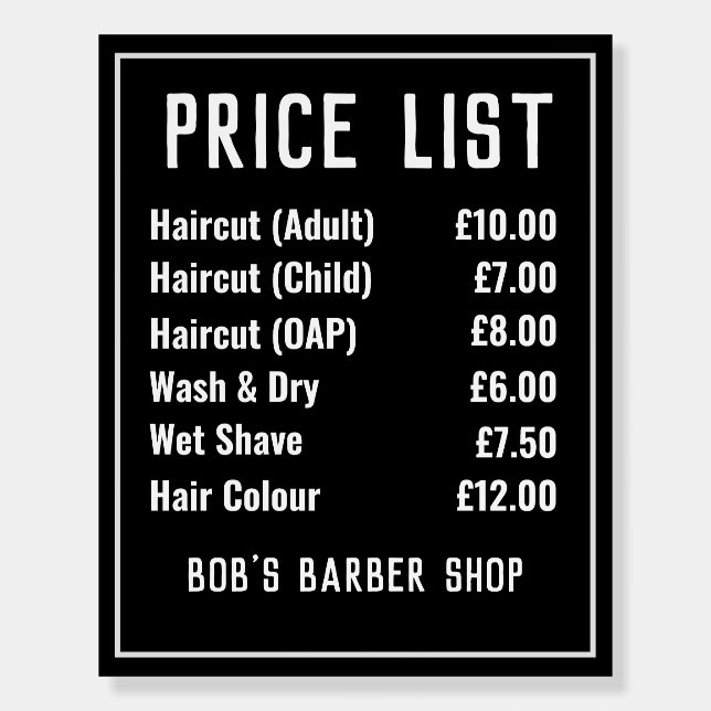 Barber Shop Price List Foam Board (Front)
