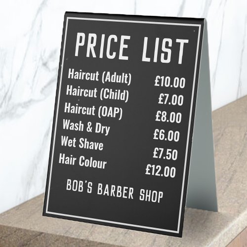 Barber Shop Price List Table Tent Sign