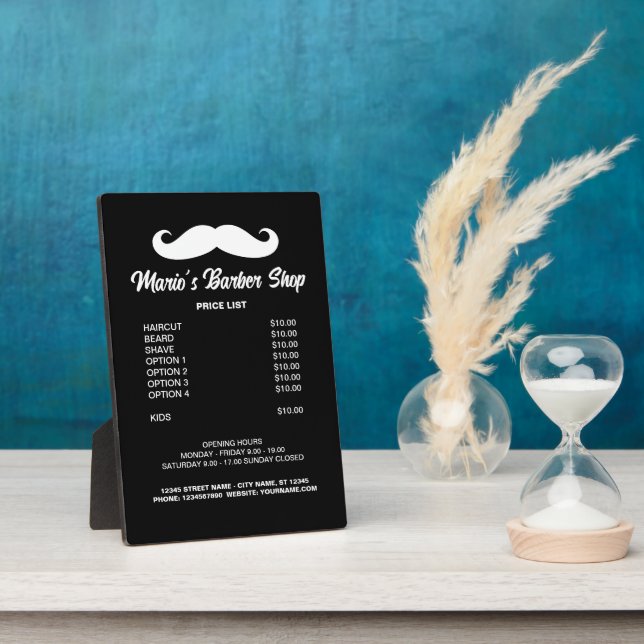Barber shop price list tabletop plaque with easel (Side)