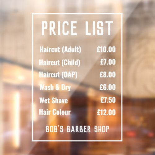 Barber Shop Price List Window Cling