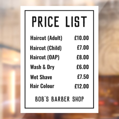 Barber Shop Price List Window Cling
