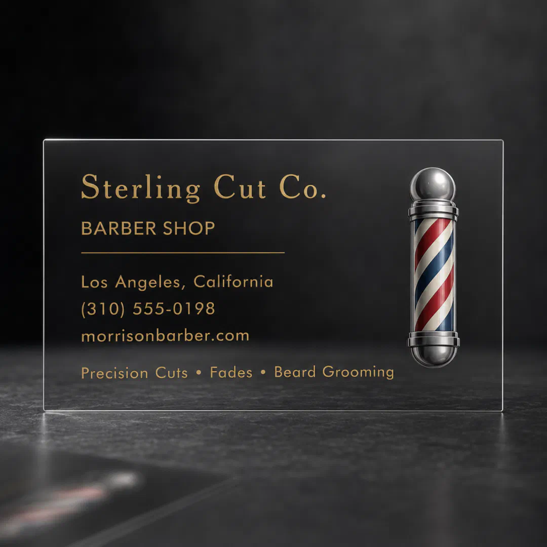 A clear business card with gold text. There's a red, blue and white barber pole printed on the right side. The overall background is dark black.