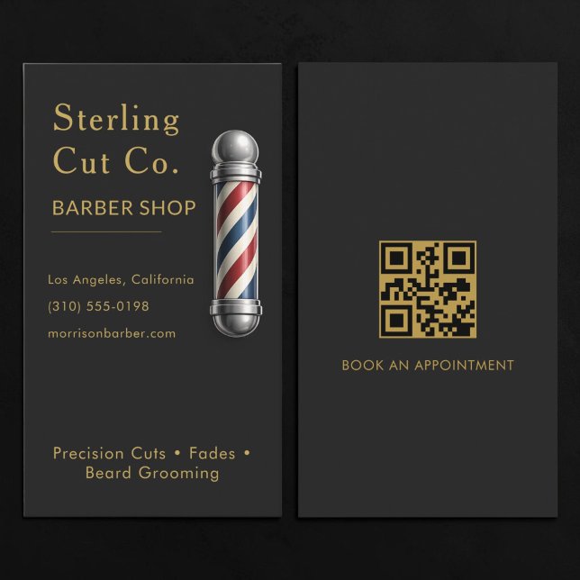 Barber Shop QR Code Black Business Card (Creator Uploaded)
