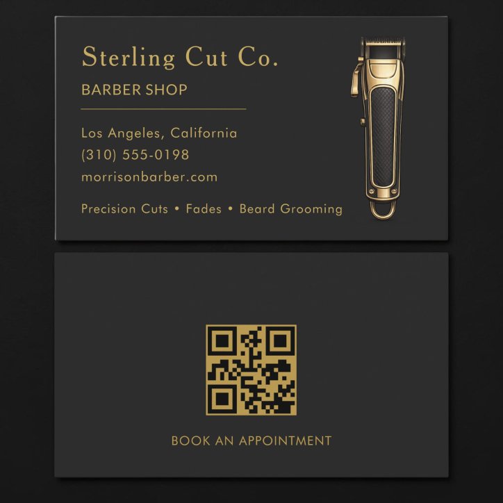Barber Shop QR Code Black Gold Professional Business Card