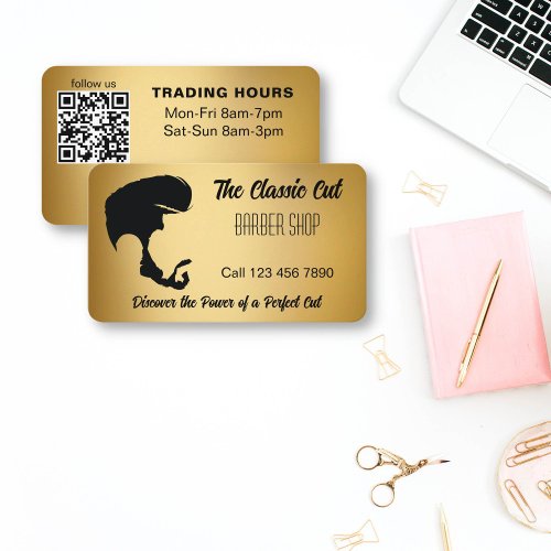 Barber shop qr code gold and black business card