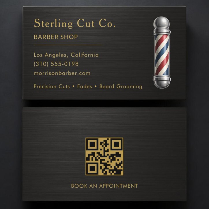 Barber Shop QR Code Metallic Professional Business Card