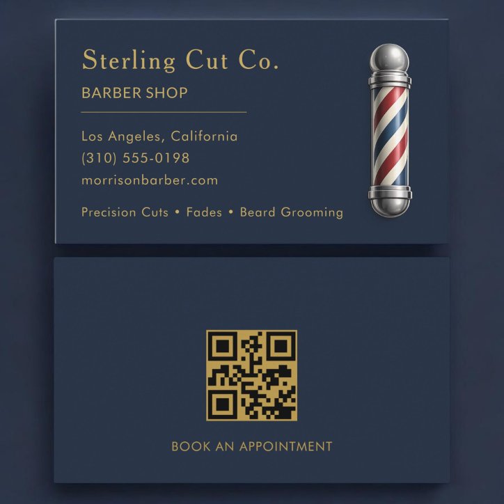 Barber Shop QR Code Navy Blue Business Card