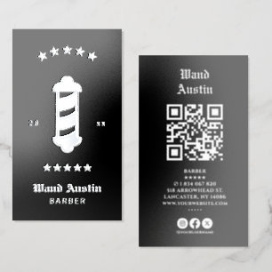 Barber Shop QR Code Silver Foil Business Cards