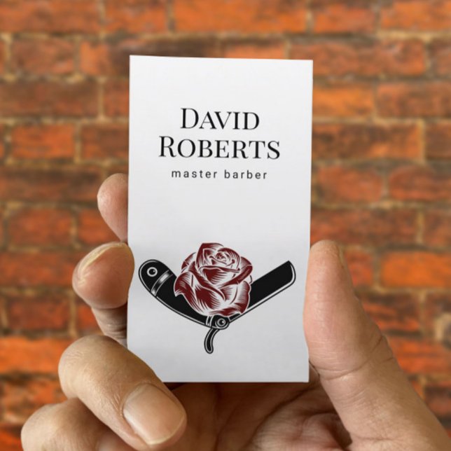 Barber Shop Razor & Rose Flower Logo Barbershop Business Card (Creator Uploaded)