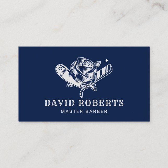 Barber Shop Razor & Rose Logo Barbershop Navy Business Card (Front)