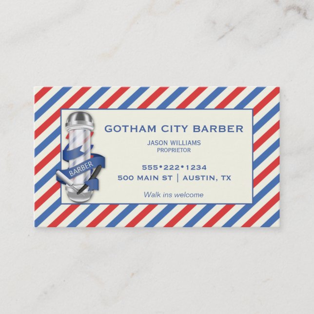 Barber Shop Red White Blue Stripes Pole Appointment Card (Front)