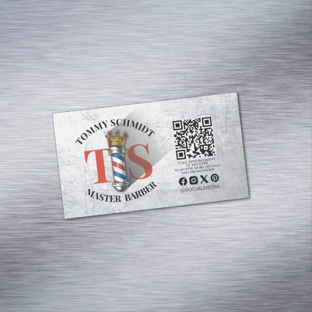 Barber Shop Royal Crown Barber Pole Hair Salon QR Business Card Magnet (In Situ)