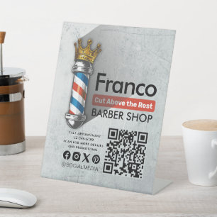 Barber Shop Royal Crown Barber Pole Hair Salon QR Pedestal Sign