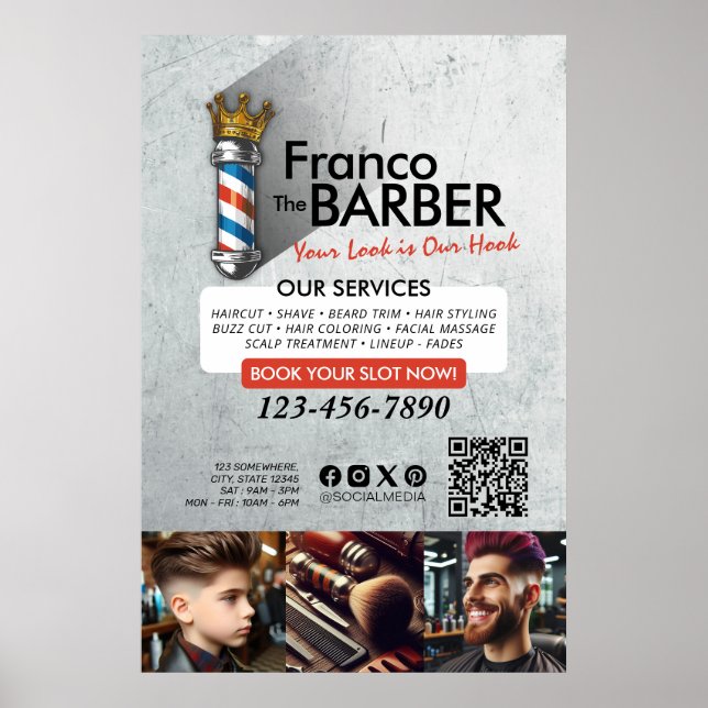 Barber Shop Royal Crown Barber Pole Hair Salon QR Poster (Front)