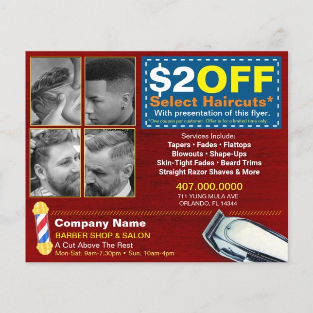 Barber Shop & Salon Customizable Coupon Template Flyer (Front)