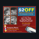 Barber Shop & Salon Customizable Coupon Template Flyer<br><div class="desc">Remain visible and in front of the competiton by customizing, printing and handing out these effective barber shop flyers to all who can utilize your barber/salon services. Show your work by replacing the barber cuts/images with your own. This flyer displays a customizable coupon that is sure to peek the interest...</div>