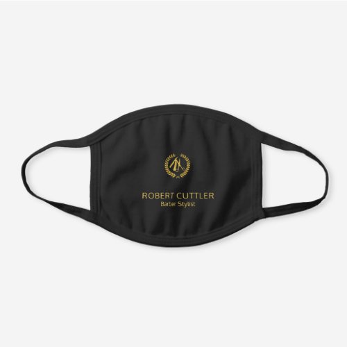 Barber shop salon logo stylist name elegant gold black cotton face mask