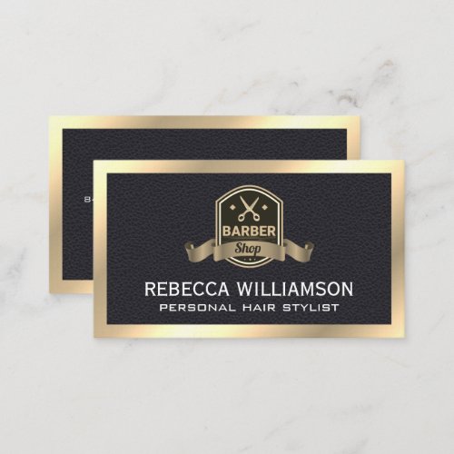 Barber Shop Scissors  Leather Gold Metal Trim Business Card