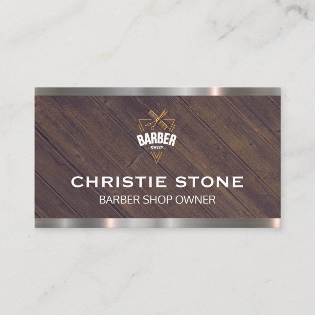 Barber Shop | Scissors | Wood Metal Trim Business Card (Front)