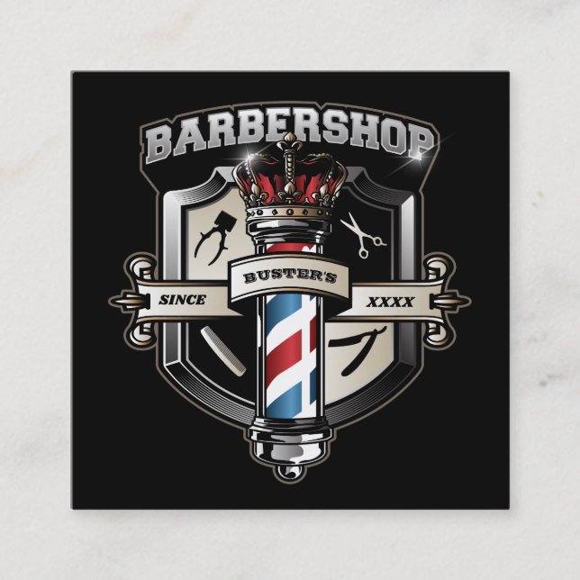 Barber Shop Shield and Crown Square Business Card (Front)